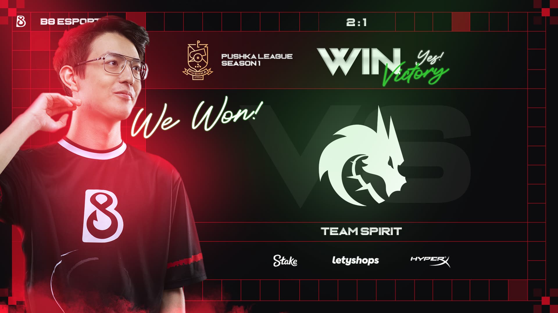 B8 Esports tournament victory graphic celebrating match results with dynamic elements