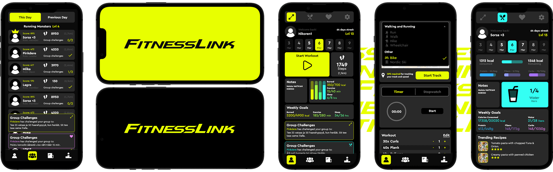 FitnessLink mobile fitness tracking app with step counting, competitions, and social features