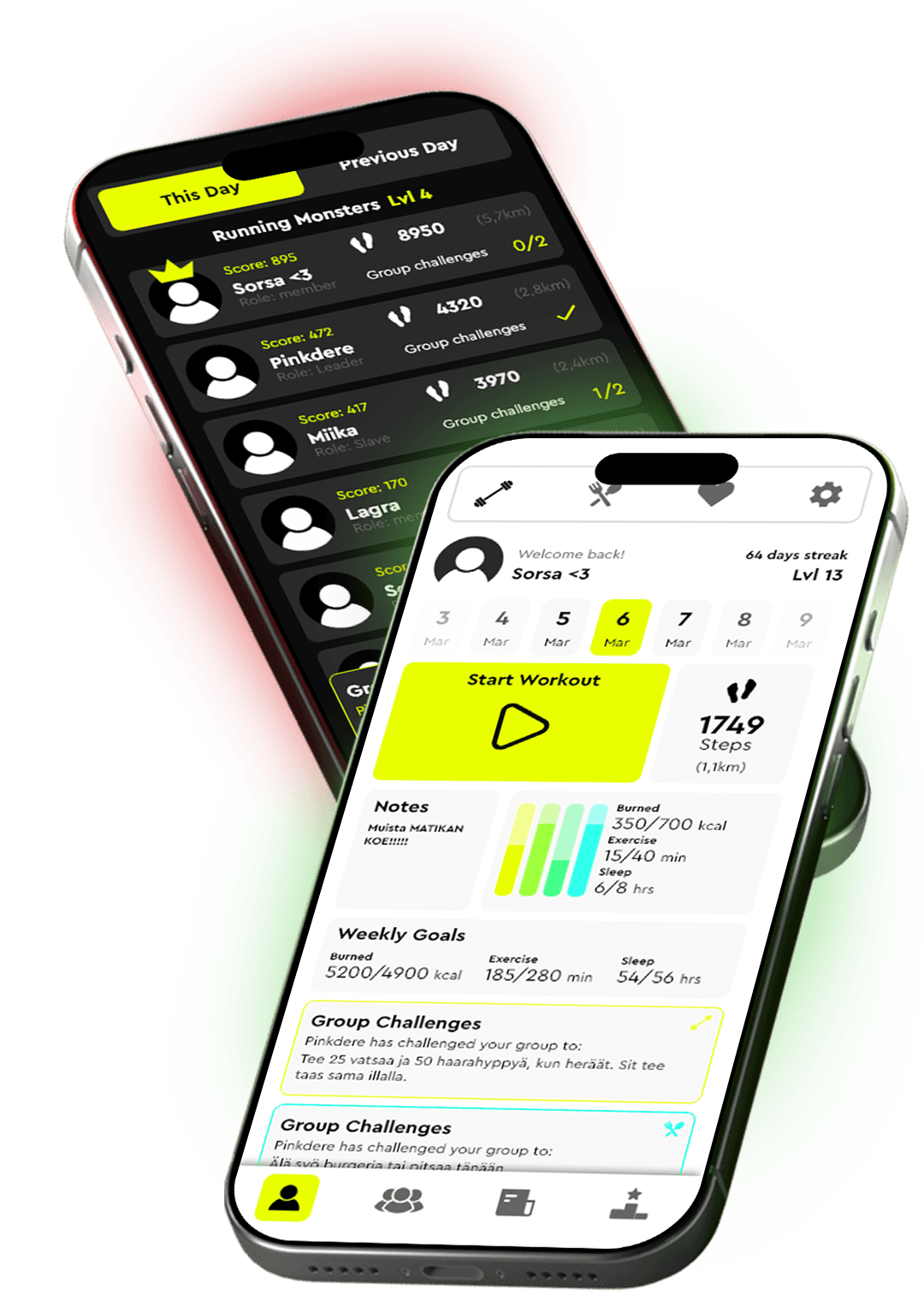 FitnessLink app showing light and dark theme modes