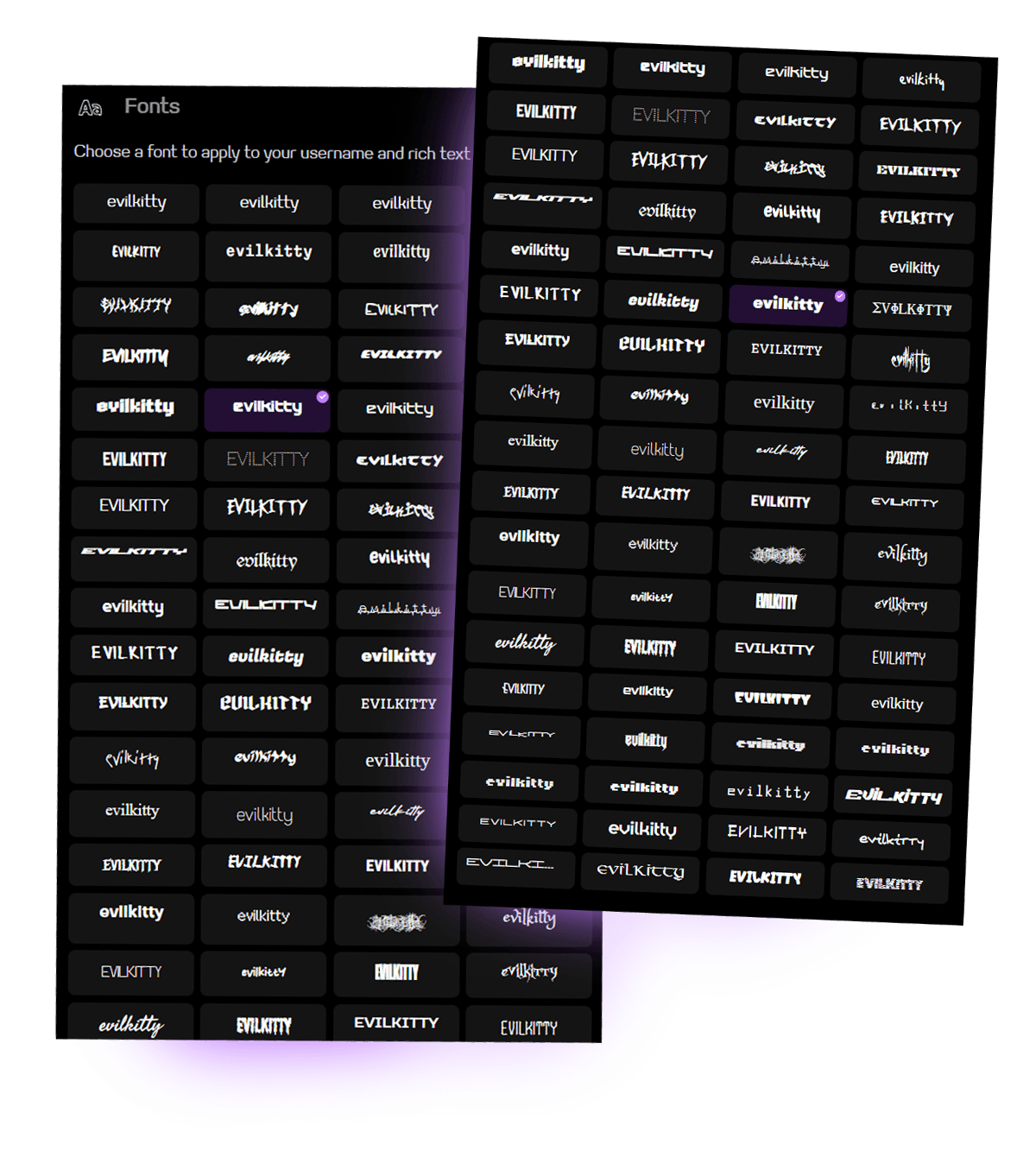 Font selection interface showing custom typography options and font preview