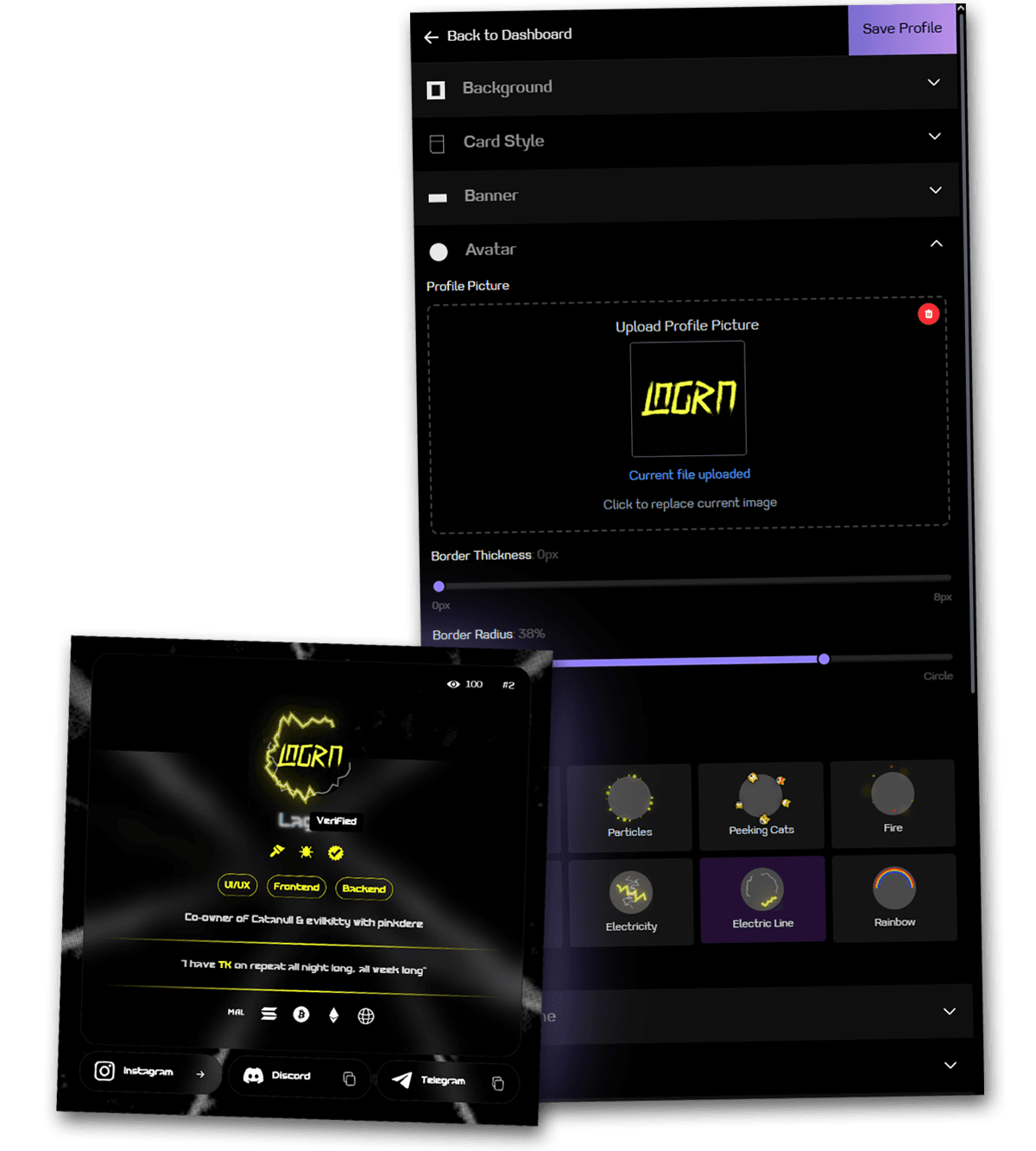 Evilkitty profile editor showing live preview and customization options