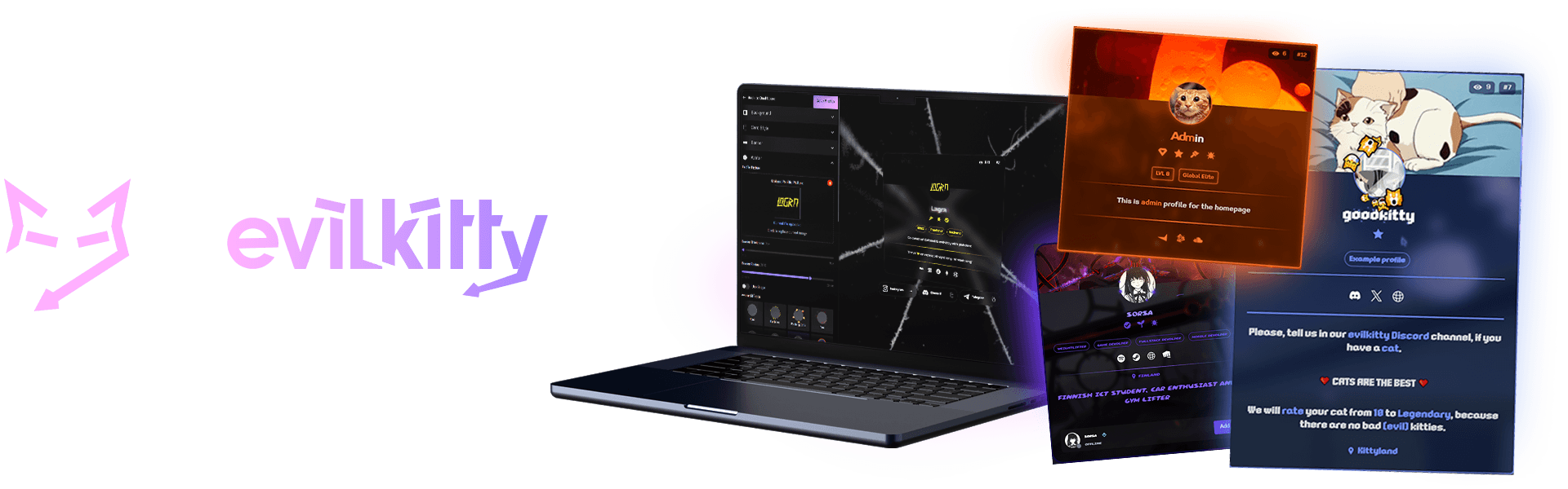 Evilkitty bio platform with profile editor, file hosting dashboard, and Discord integration
