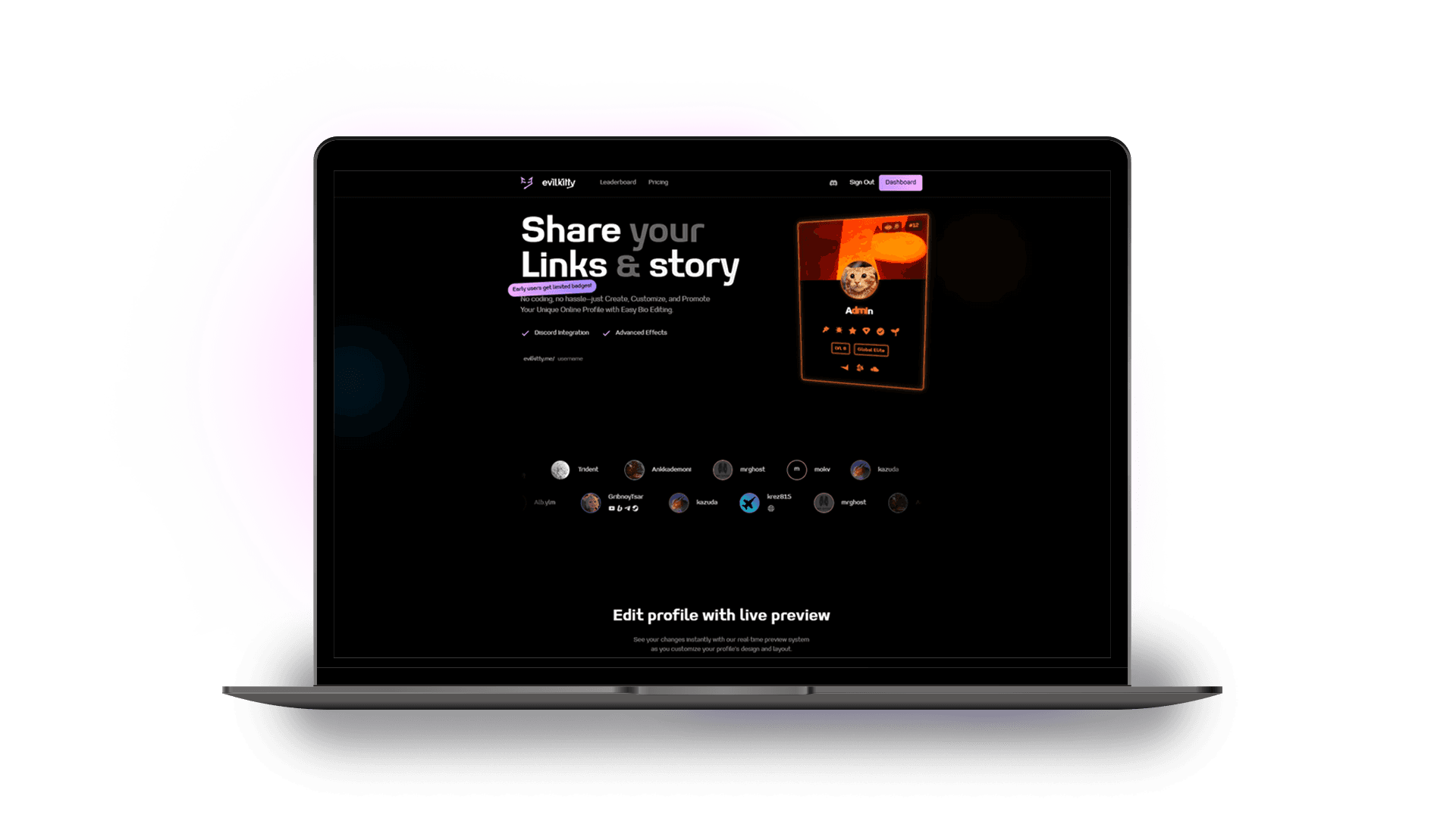 Evilkitty bio platform with profile editor, Discord integration, and customization options